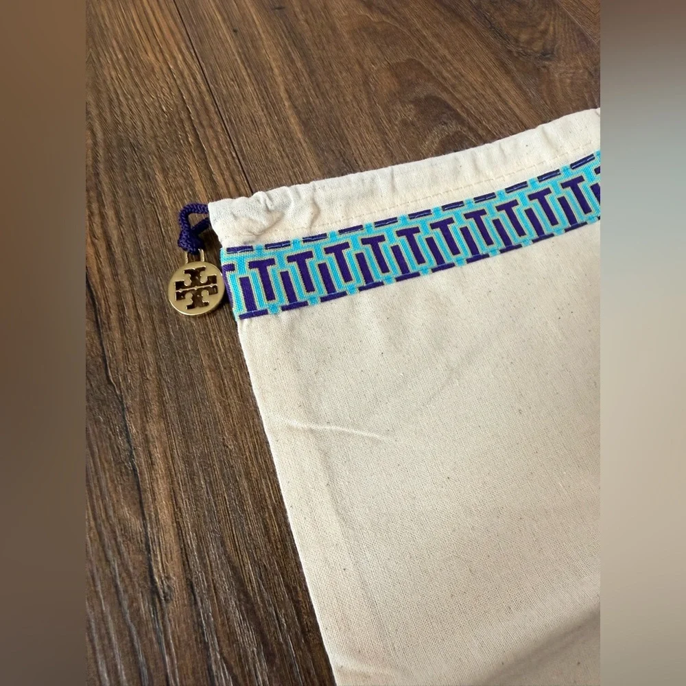 Tory Burch Cream Canvas Dust Bag with Blue Trim and Gold Charm